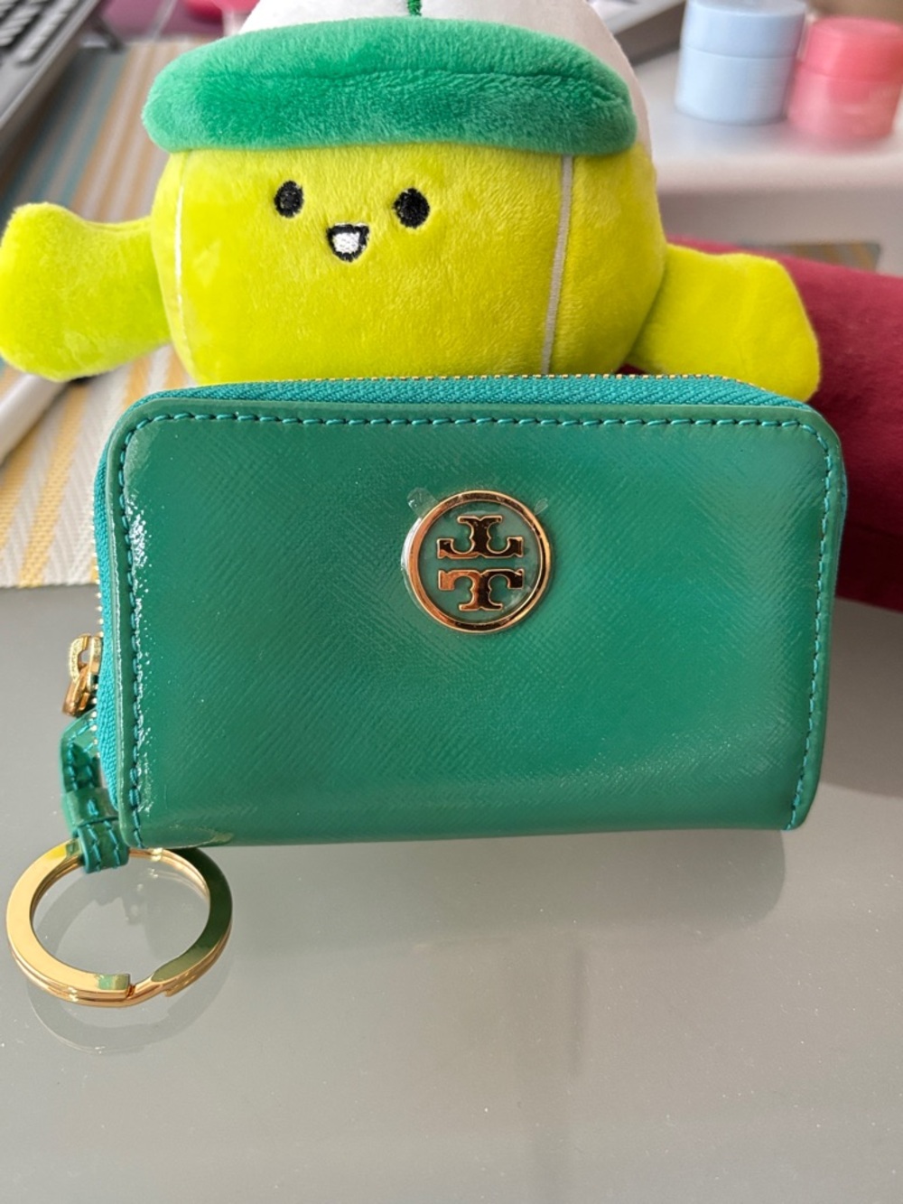 Tory Burch Teal Green Leather Zip Card Case Keyring
